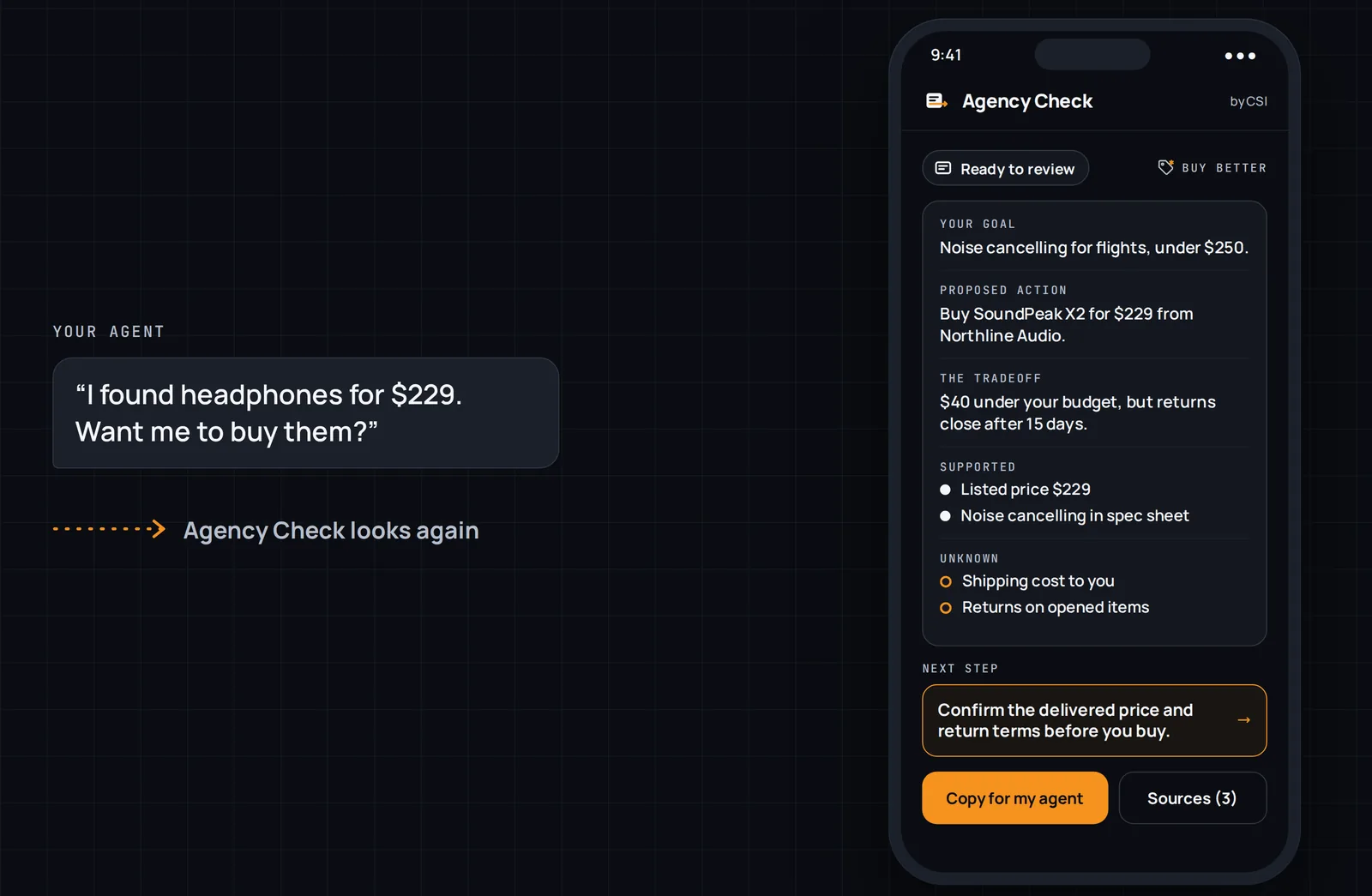 An agent offers to buy headphones for $229. The Decision Card shows the listed price as supported, shipping and returns as unknown, and one next step.
