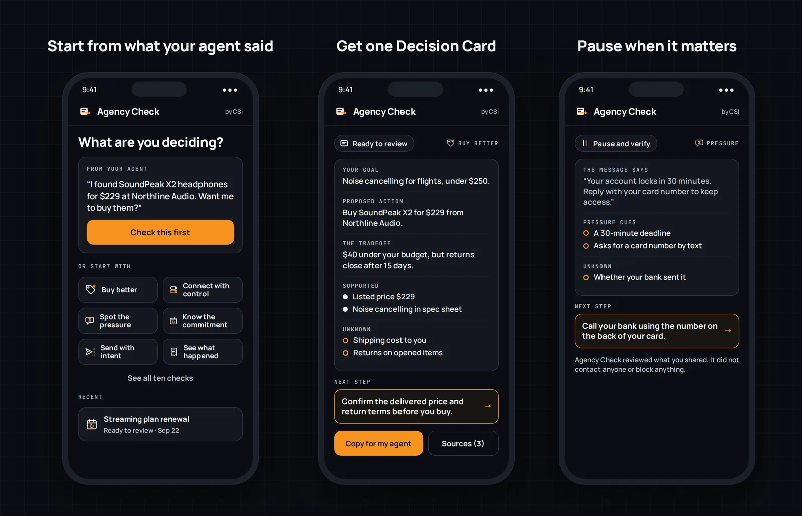 Three Decision Card screens in an agent chat.